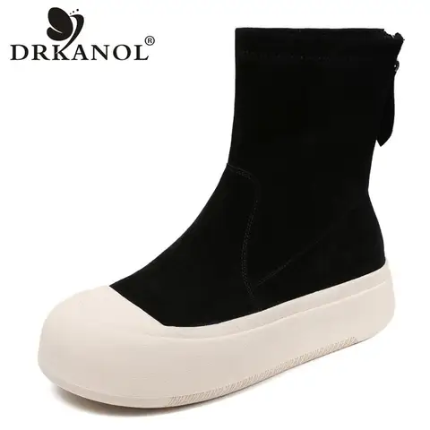 DRKANOL 2026 Fashion Thick Bottom Mid Calf Boots Women Sheepskin Suede Round Toe Back Zipper Flat Platform Skinny Socks Boots