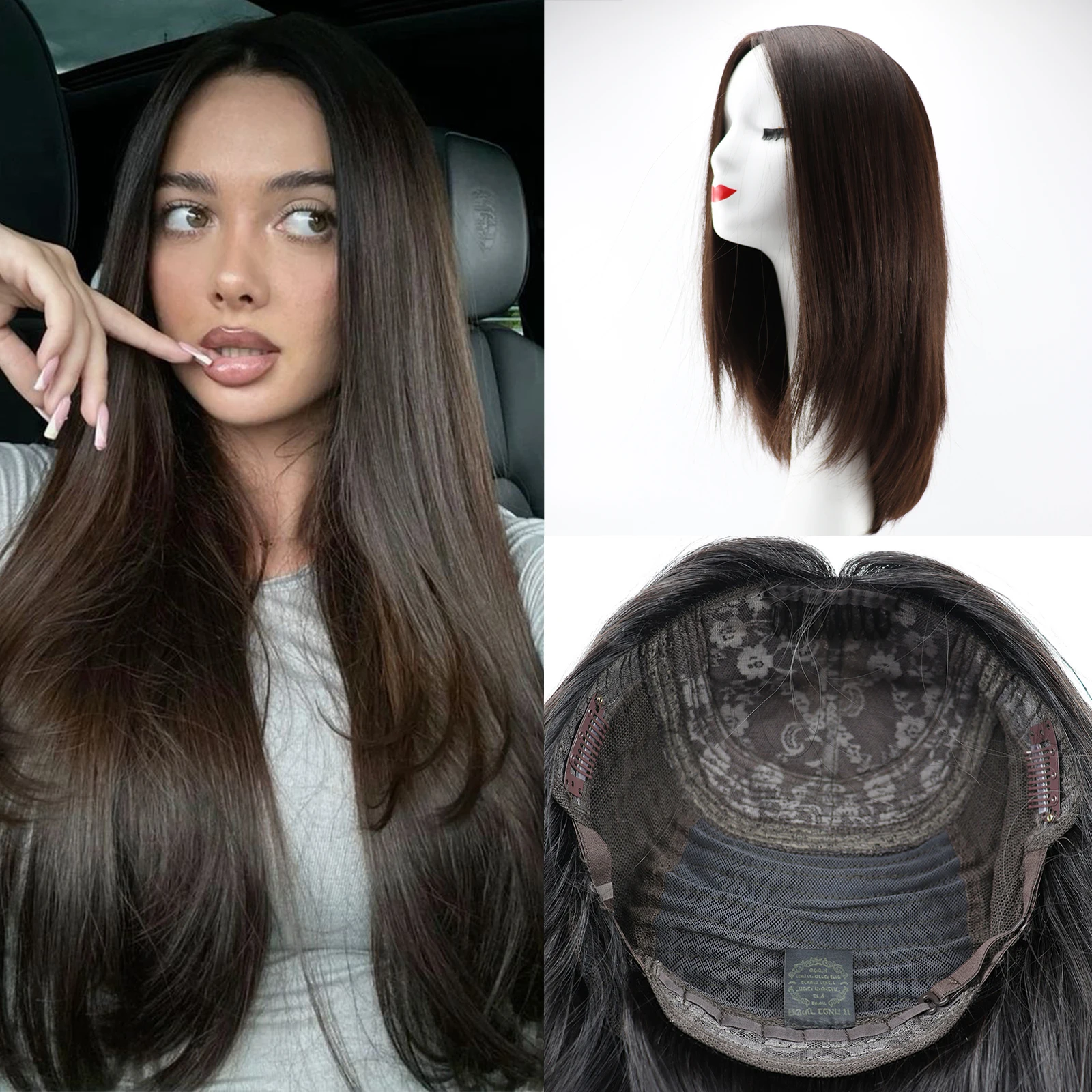 باروكة من شعر طبيعي يهودي حقيقي عذراء شعر أوروبي بطبقات بني مستقيم من الحرير شعر مستعار كوشير شعر مستعار طبيعي لفروة الرأس قاعدة حريرية