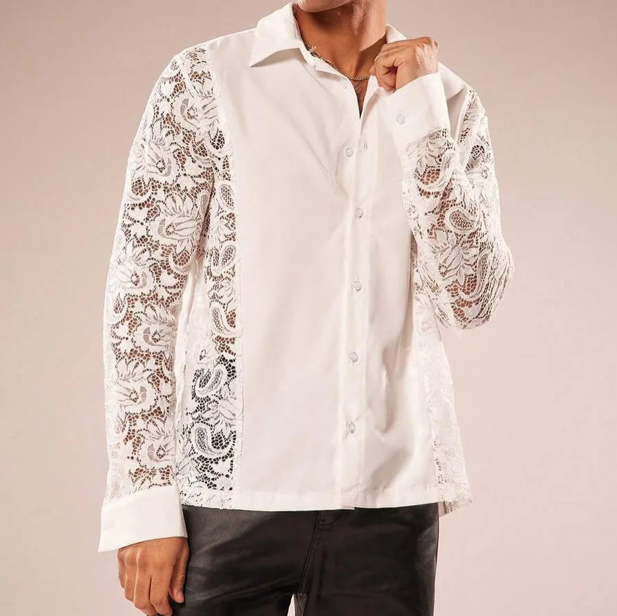 New Men's Floral Lace Button Shirt See-Through Long Sleeve Collar Top Sexy Club Dress