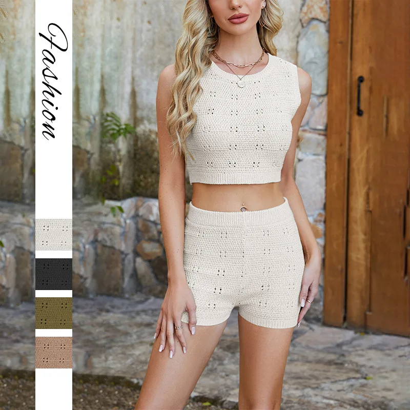 2026 New Summer Women Knitted Two Piece Outfit Slim Fitting Top And Shorts Soft Skin Friendly Casual Fashion Apparel For Outdoor