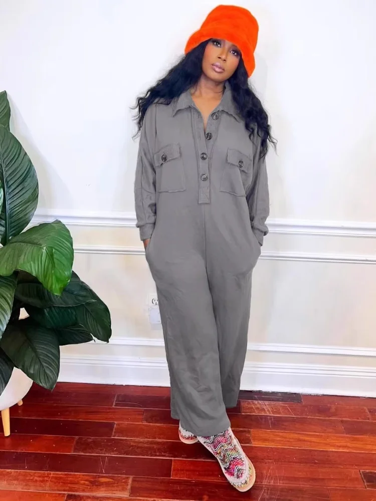 

Three Sisters 2025 Autumn New Casual Women's Clothing Street Commuting Loose Lapel Solid Color Sweater Wide Leg Jumpsuit