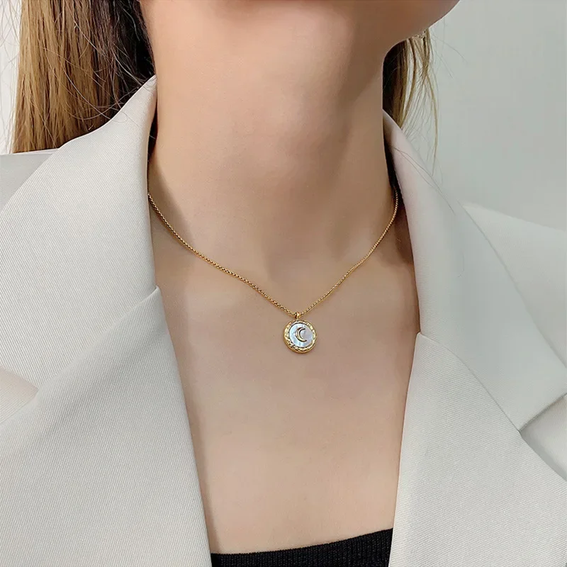 Stainless Steel Retro White Fritillary Round Brand Moon Pendant Necklace for Women Luxury Gold Color Choker Jewelry Colorfast