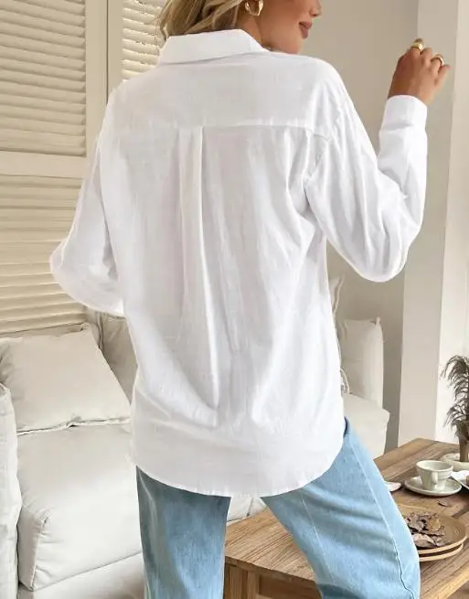 Camisa de manga larga con botones decorativos bordados y solapa de Color sólido de otoño para mujer, camisa informal de manga larga ajustada Simple