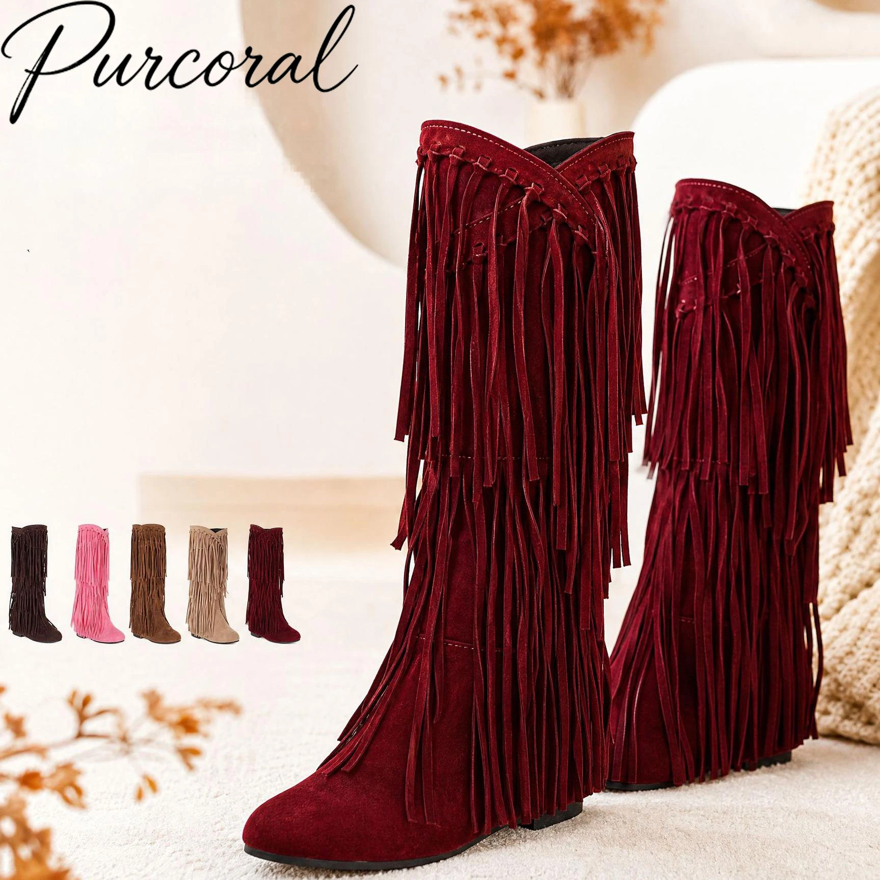 Purcoral 2026 New Women Multi Layer Fringe Cowboy Boots Suede Mid Calf Western Boots Slip On Retro Party Casual Boots