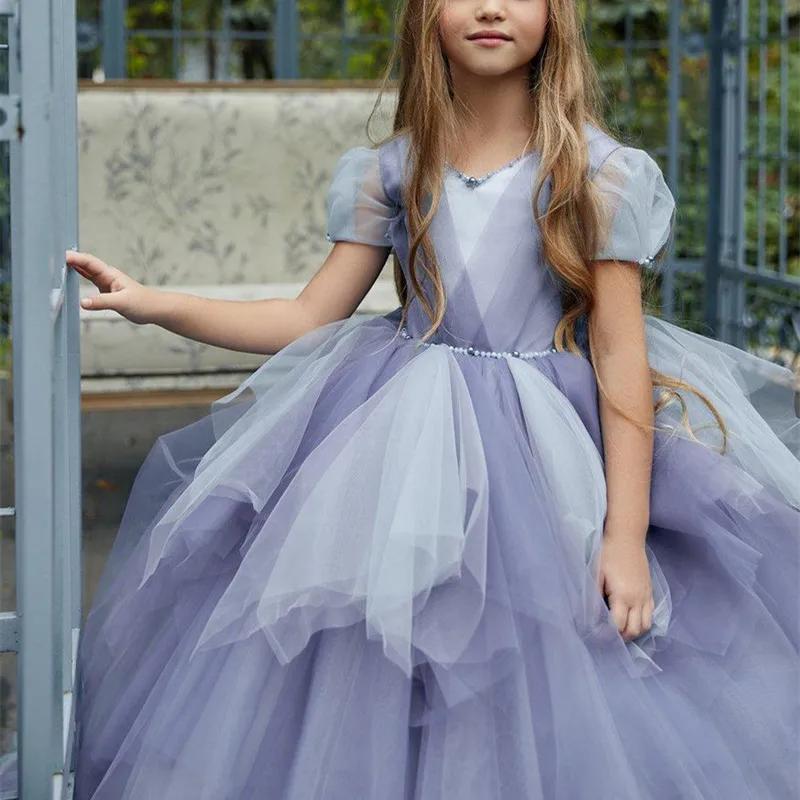 

Flower Girl Dresses for Wedding Layered Tulle Lace appliques Kids Pageant Party Birthday Gown for girls