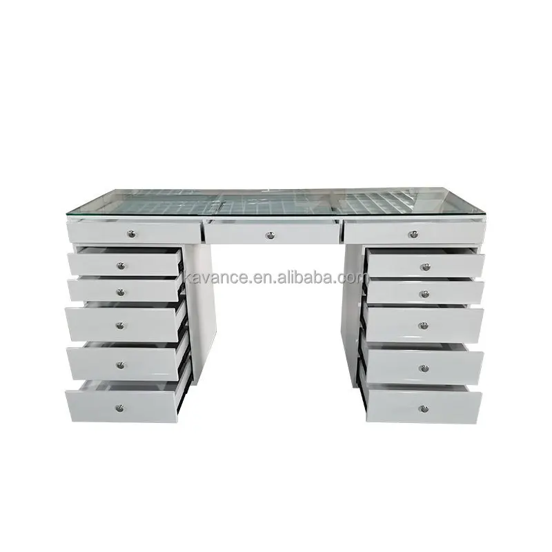 Nail Salon Equipment Set Furniture White Glass Nail Tech Tables With Nail Display