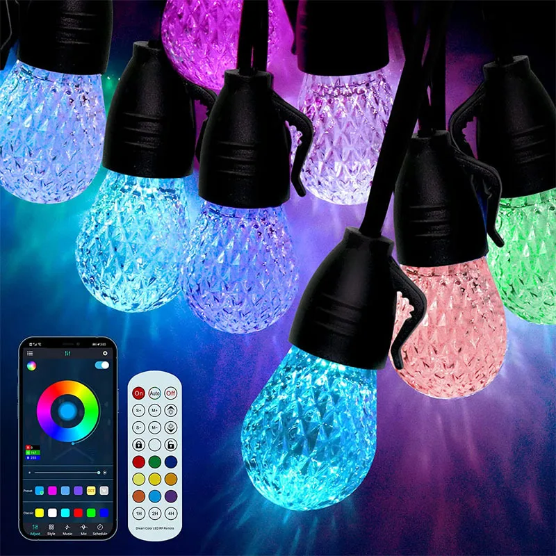 

Outdoor RGB Music String Lights 15m APP Remote Control IP66 Waterproof Hanging Dimmable Backyard Party Christmas Garden Decor