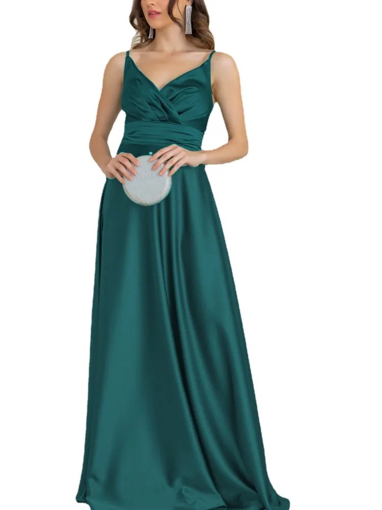 Sexy Satin Formal Evening Wrap Dress For Women Spaghetti Strap V Neck Sleeveless Full-Length Club Party Gown Long Maxi Red Dress