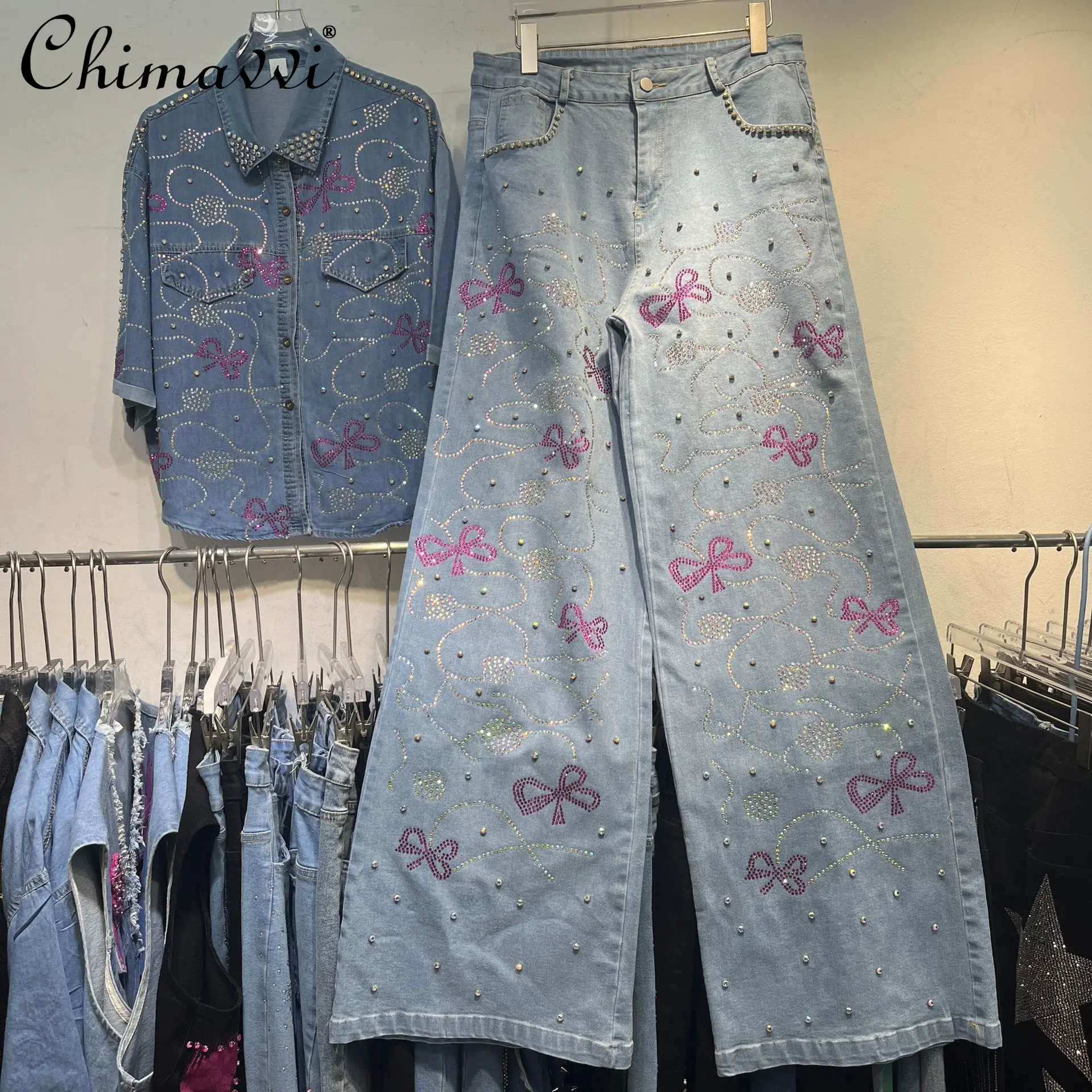 

European Beaded Denim Thin Shirt 2025 Summer Clothes New Heavy Industry Bow Hot Diamond Jeans Two-piece Set Women's Pant Sets
