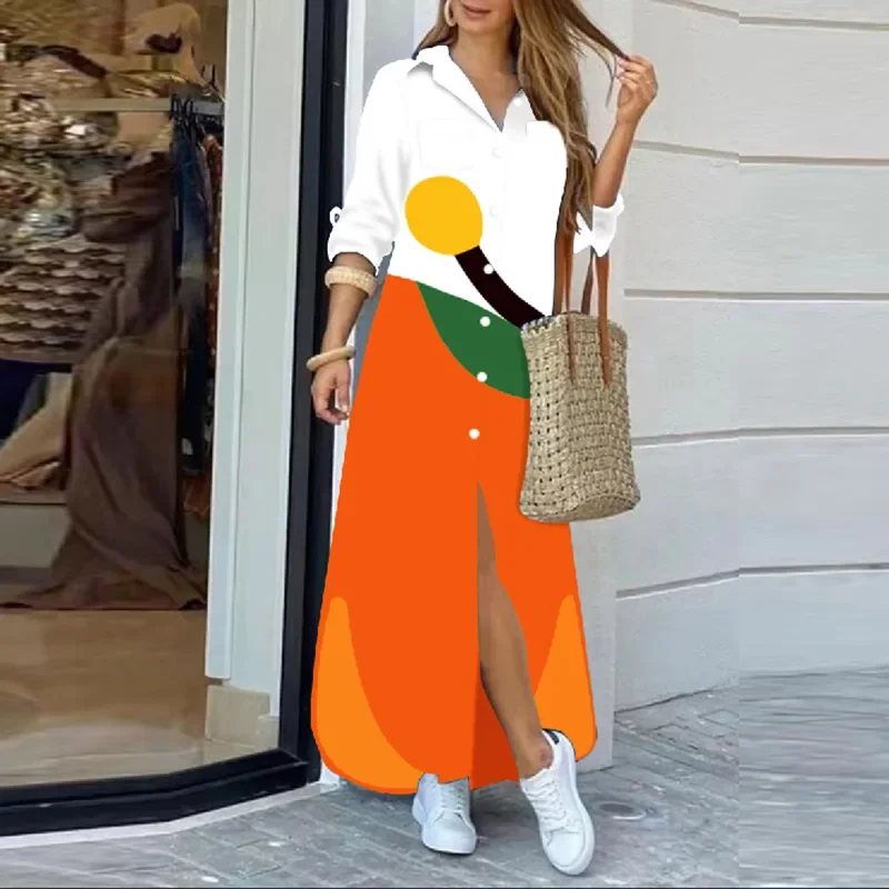 Modna koszula sukienka kobiety z długim kołnierzem guzik na rękawie długie sukienki dla kobiet nadruk w stylu Vintage sukienki Maxi Sundress 2023