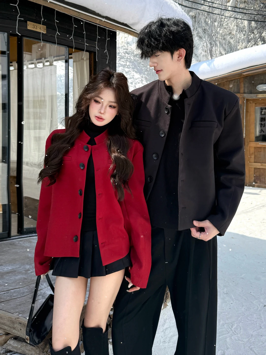 

New Chinese Sle Stand Collar ort Suit Jaet for Men And Women Couple's Autumn Winter Red High End Feeling Engagement Jaet