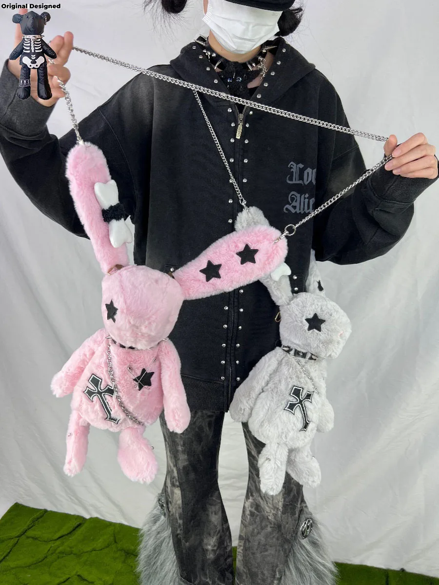 Gothic Halloween Cool Rabbit Shoulder Bags Y2K Woman Girl Cross Chain Punk Crossbody Tote Goth Ladies Doll Bag