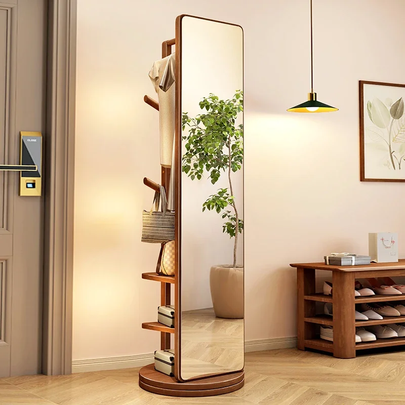 Solid wood full body mirror, floor to ceiling, household dressing mirror, bedroom, rotatable and mobile fitting mirror with hang