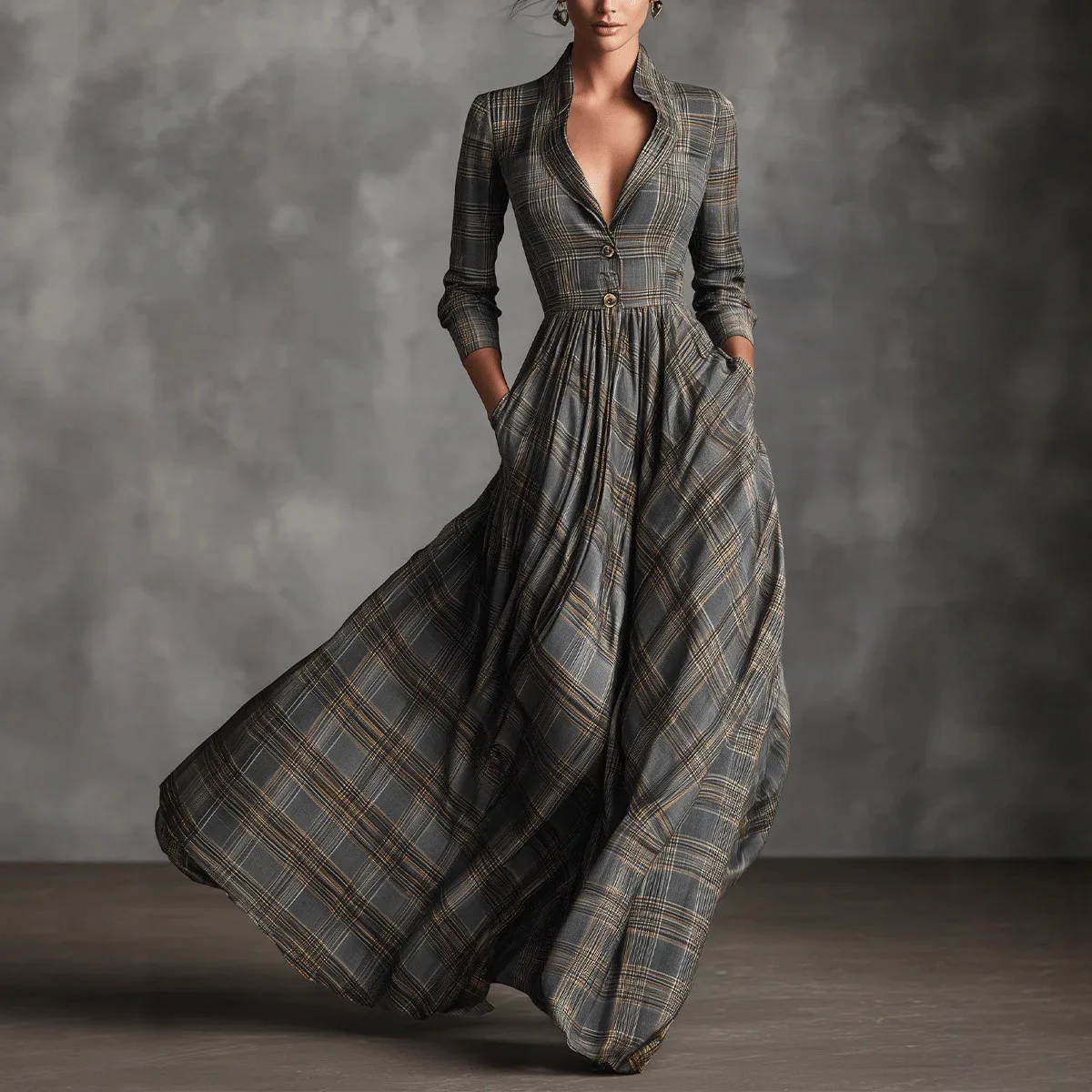 

2026 Cross-Border European And American Women's Fashion Autumn Winter Retro Plaid Flared Long Elegant V-Neck French Style Dress