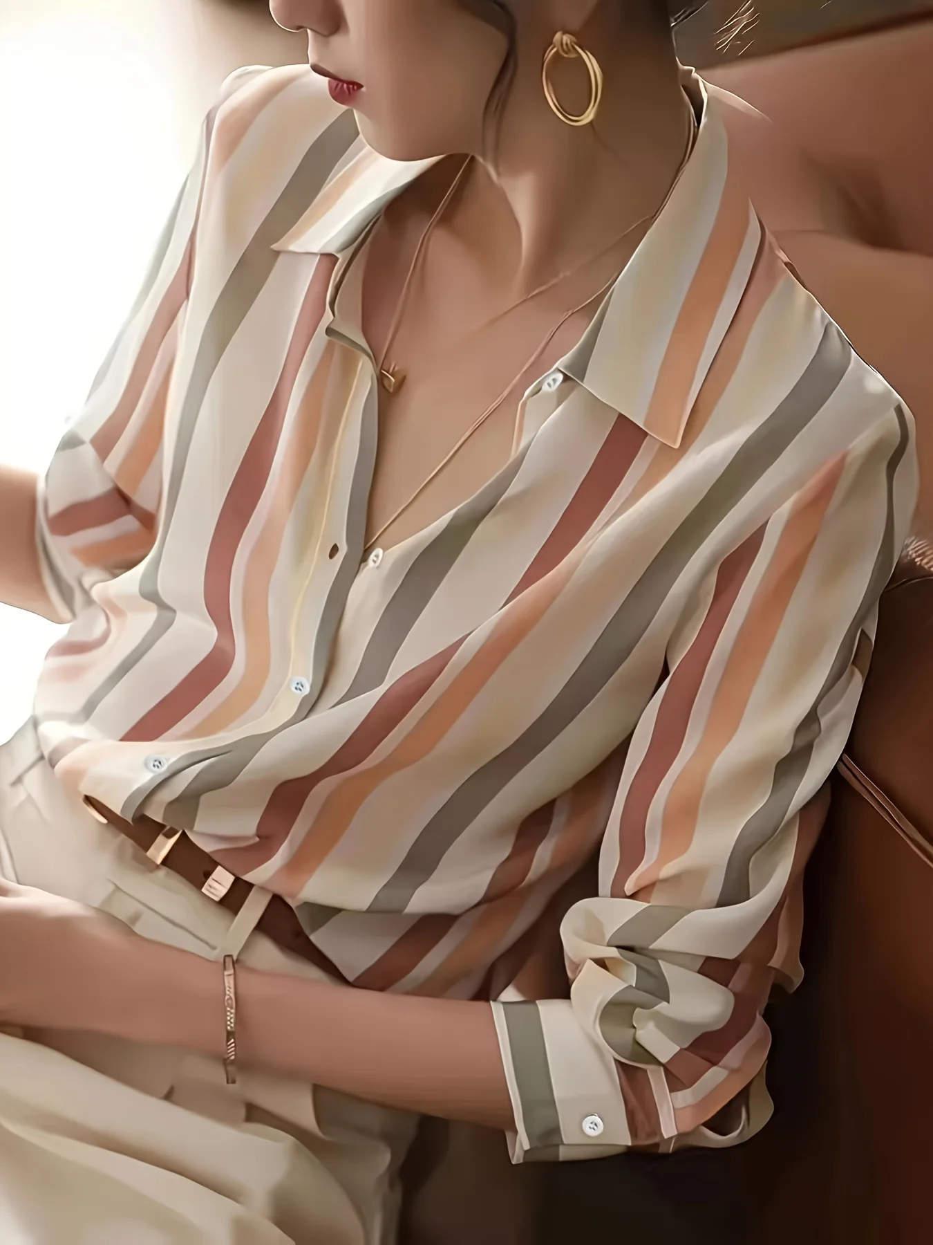 

Женская элегантная повседневная рубашка с длинными рукавами и лацканами в полоску с принтом