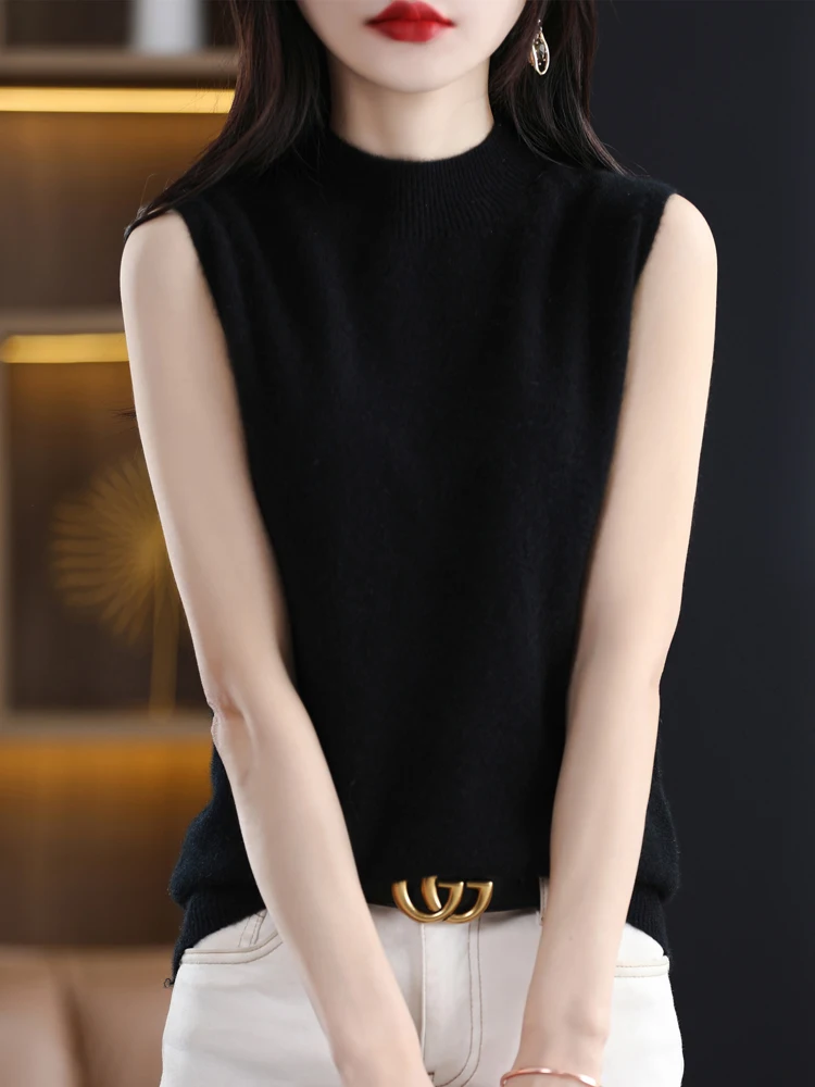 100% Zuivere Wollen Trui Gebreid Pullover Vest Dames Mock Neck Soild Mouwloos Los Basic Veelzijdig Vest Herfst Winter