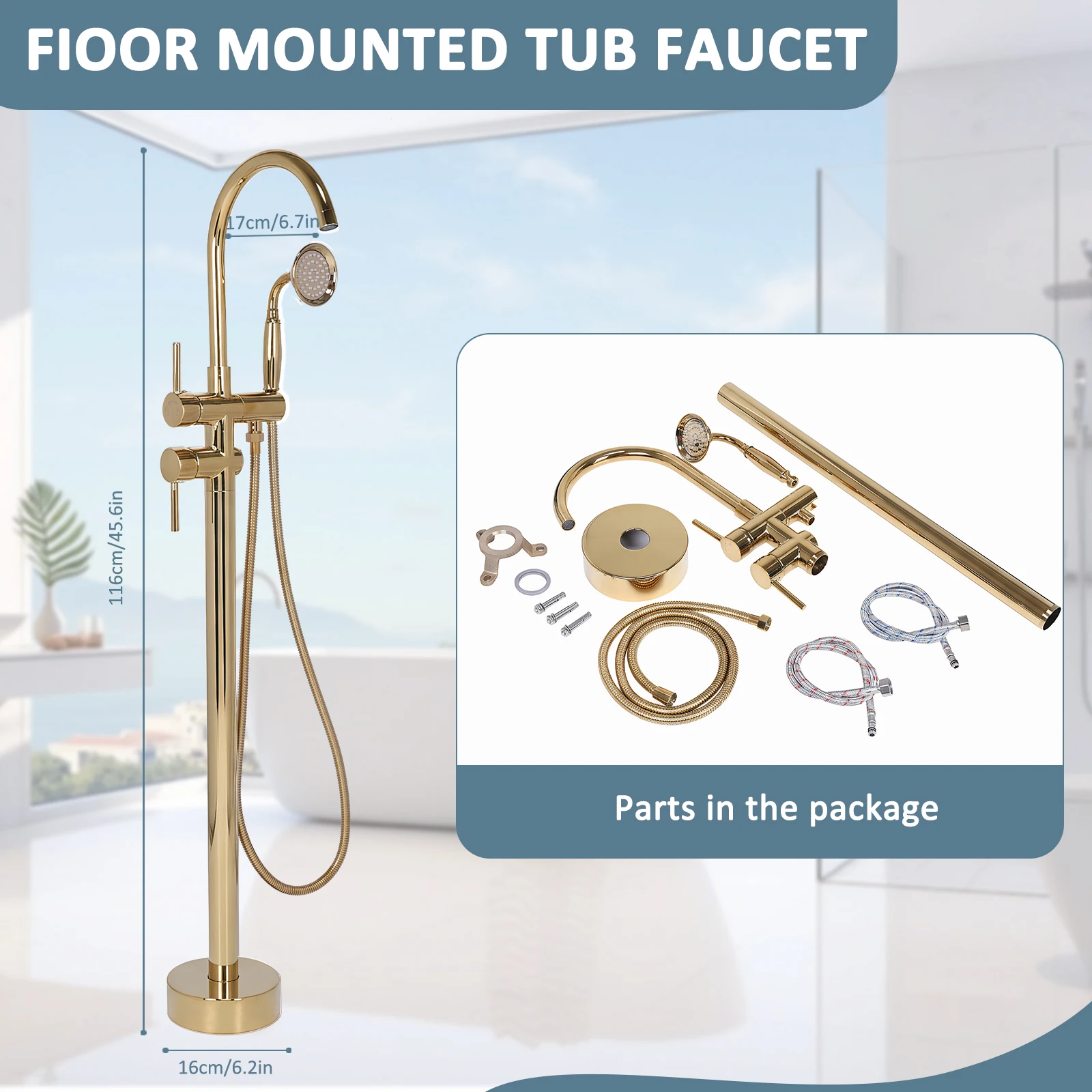 

Floor Mount Bathtub Faucet with Hand Sprayer High Flow Aerator Waterfall 360° Rotating Gooseneck Swivel Spout Tub Filler