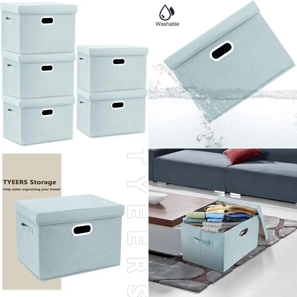 

Складные тканевые контейнеры для хранения с крышками, моющиеся, 17,3x11,8x11,4 дюйма, набор из 5 штук, цвет аква