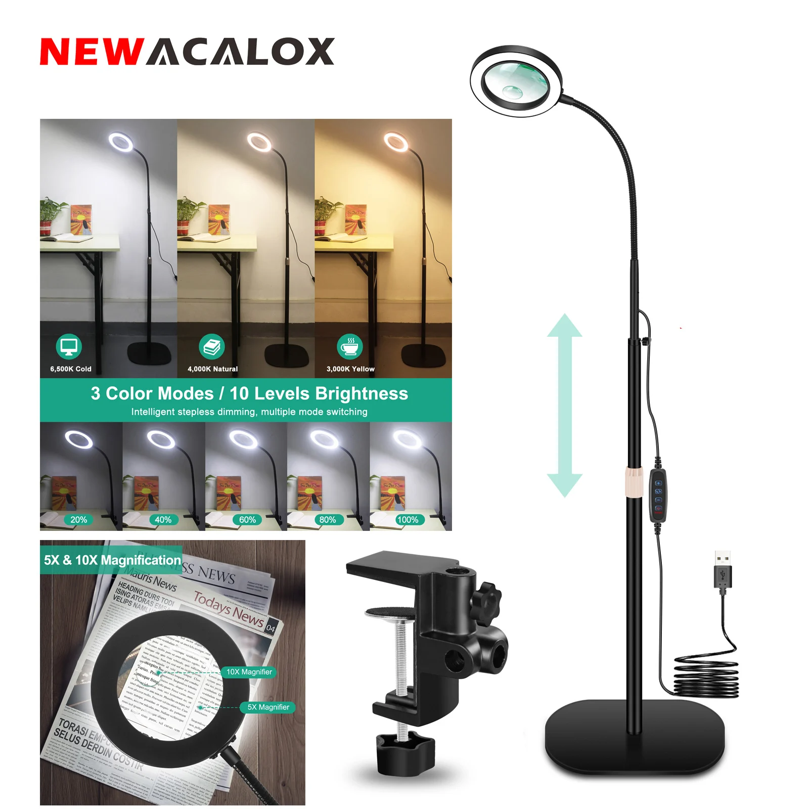 5X-10X Magnifying Glass with Light and Stand Magnifying Floor Lamp Adjustable Swing Arm Stepless Dimmable 3 Color Mode LED Light