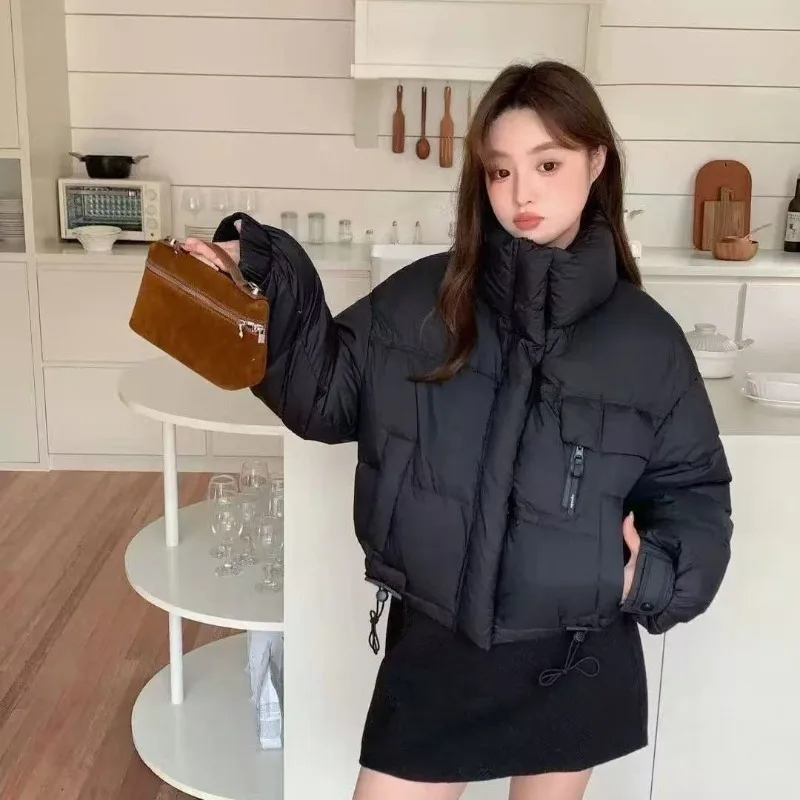 เสื้อแจ็คเก็ตผ้าฝ้ายพัฟฟ์ทรงสั้นสำหรับผู้หญิง สไตล์เกาหลี คอตั้ง เรียบง่าย หนาขึ้น ทรงเล็ก ดูดีมาก