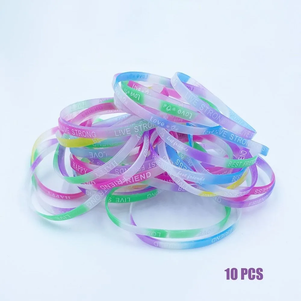 10pcs 패션 5mm 빛나는 실리콘 팔찌 편지 스포츠 고무 팔찌 탄성 캔디 컬러 팔찌 여성 남성