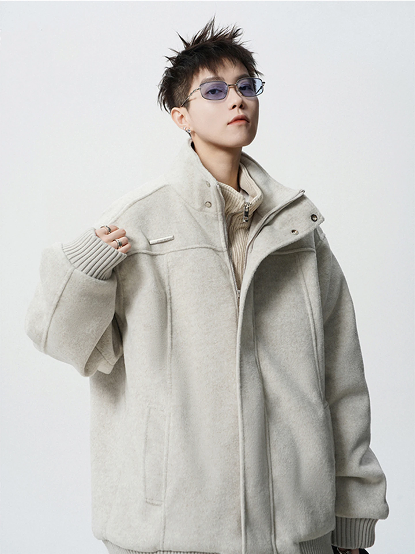 

Autumn Winter Thiened Woolen Cotton Jaet Stand Collar Loose Fit Korean Sle Relaxed Feel ort Sle Zipper Closure Coat