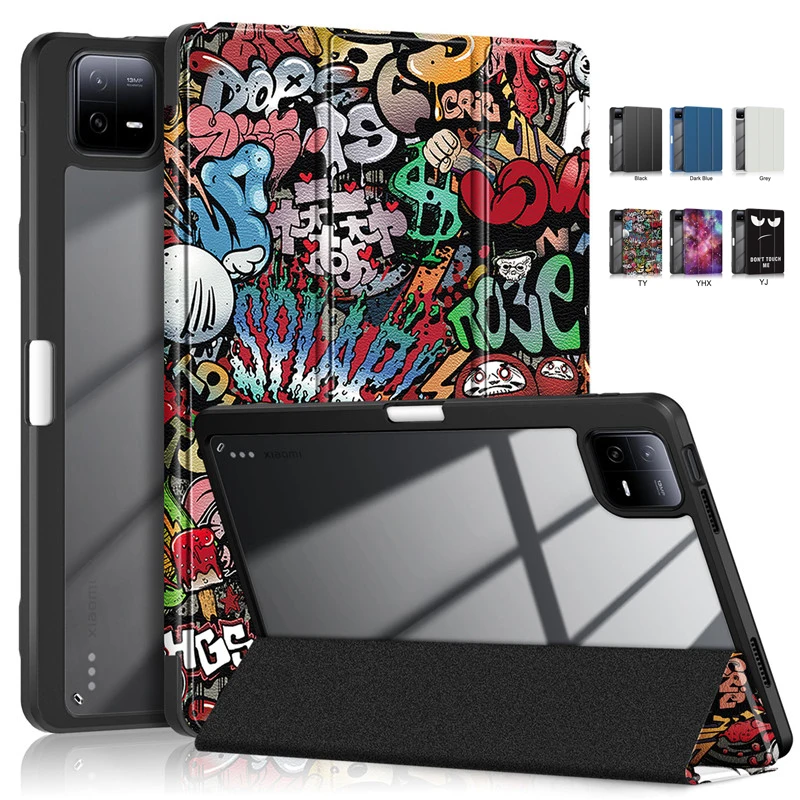 

For Xiaomi Pad 6 Pro Case 11" Tri-Fold Painted Leather Acrylic Hard Back Smart Cover For Funda Xiaomi Pad 6 Case with Pen Holder