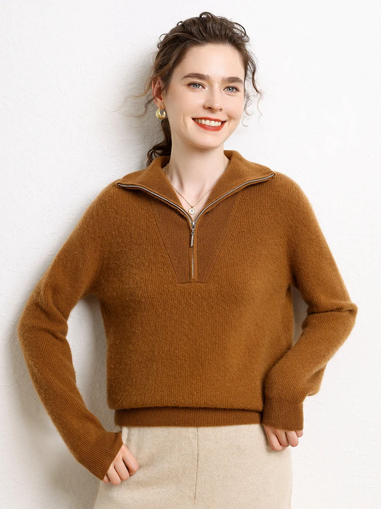 

Women's 100% Cashmere Turtleneck Pullover Sweater Autumn Winter Half-Zip Solid Loose Soft Knitwear Basic Long Sleeve Tops
