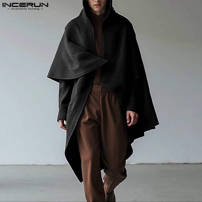

INCERUN мужской длинный стильный плащ накидка сплошной цвет с капюшоном и длинным рукавом нестандартные пальто мужские уличные тренчи модные повседневные пончо
