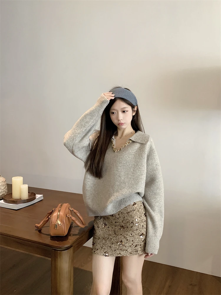Simple Basic แฟชั่น Street ผู้หญิง Pullovers ภาษาฝรั่งเศสคําใหม่สีทึบ Casual ผู้หญิง Pullovers สีข้าวโอ๊ตสีเทาสีแดงสีม่วงถัก Top