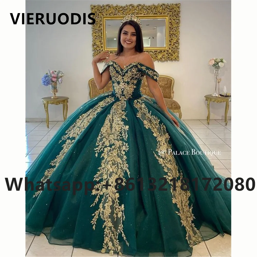 

Green Off The Shoulder Ball Gown Quinceanera Dresses Sweet 16 Princess Appliqued Prom Gowns Vestido De 15 Anos Quinceaner
