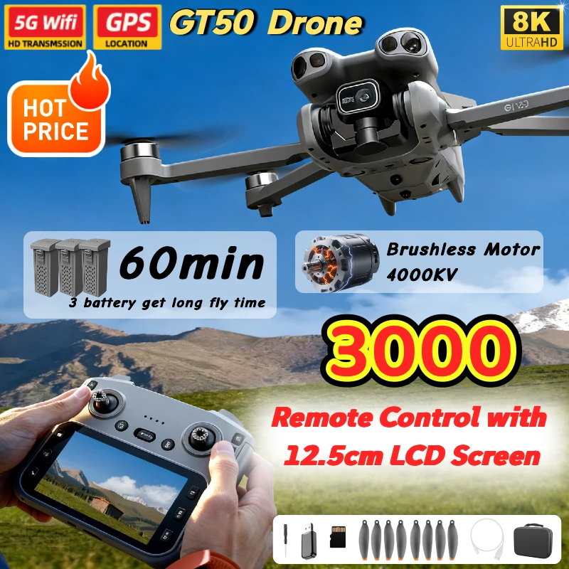 

GT50 Дрон 4K 8K Профессиональная двойная камера с оптическим потоком Бесщеточный двигатель RC Квадрокоптер с 4,3-дюймовым ЖК-экраном Пульт дистанционного управления 183 г EIS