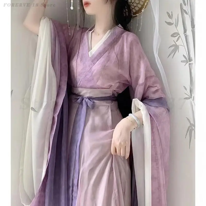 Wei Jin Style Hanfu Dress Women's Elegant Cross-Collar Wide Sleeved Tang Suits Chinese Traditional Clothing Ancient Costume