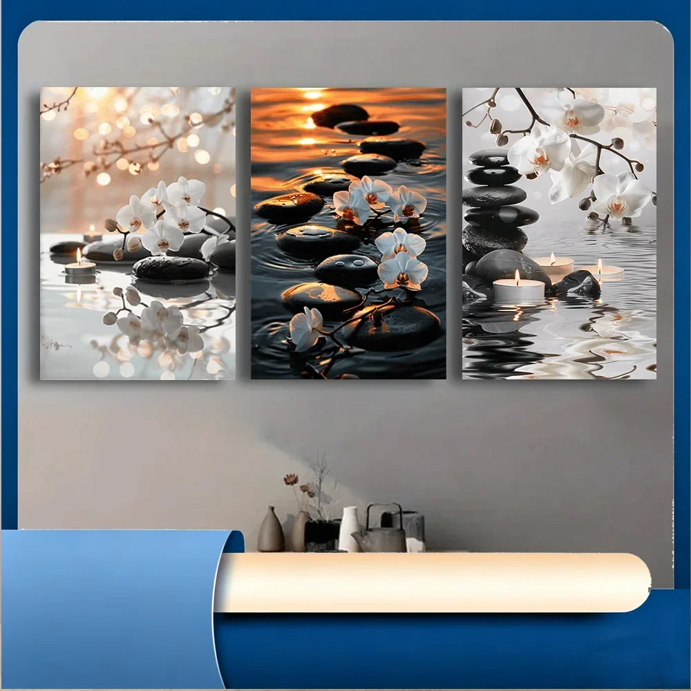 2D 3PCS Wrapped Canvas Painting with Zen imagery, candles and orchids-themed wall art Interior framed paintings The perfect g