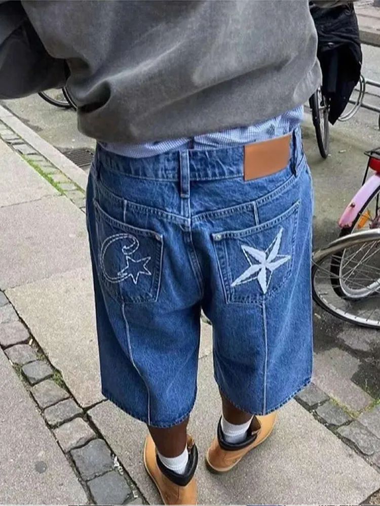 

Casual Star Embroidery Middle Pants For Men Fashion Button Waist Pocket Wide Leg Denim Trousers 2024 Summer Casual Male Shorts