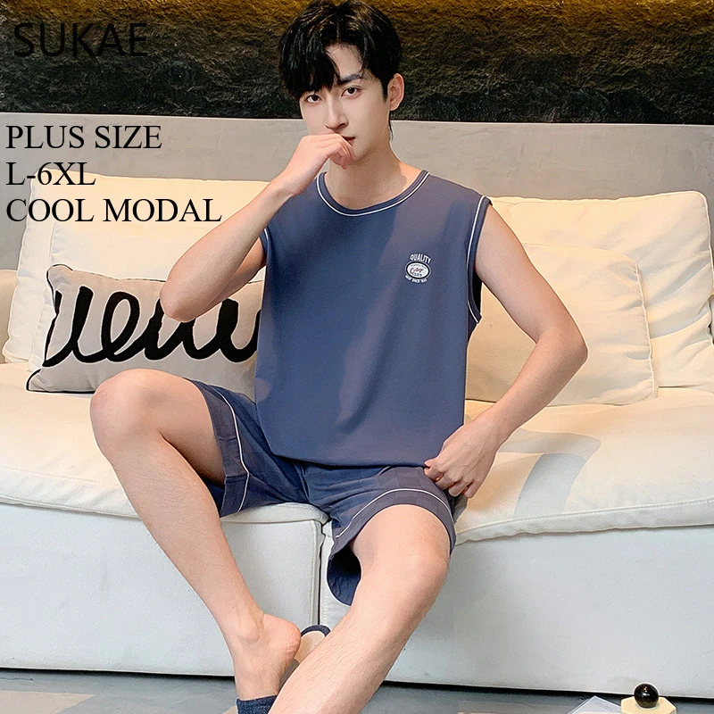 

SUKAE Big Guys Sleeveless Pajama Sets Summer Shorts Plus Size L-6XL Mens Loungewear Cool Modal Gentleman Sleepwear Man Nightwear