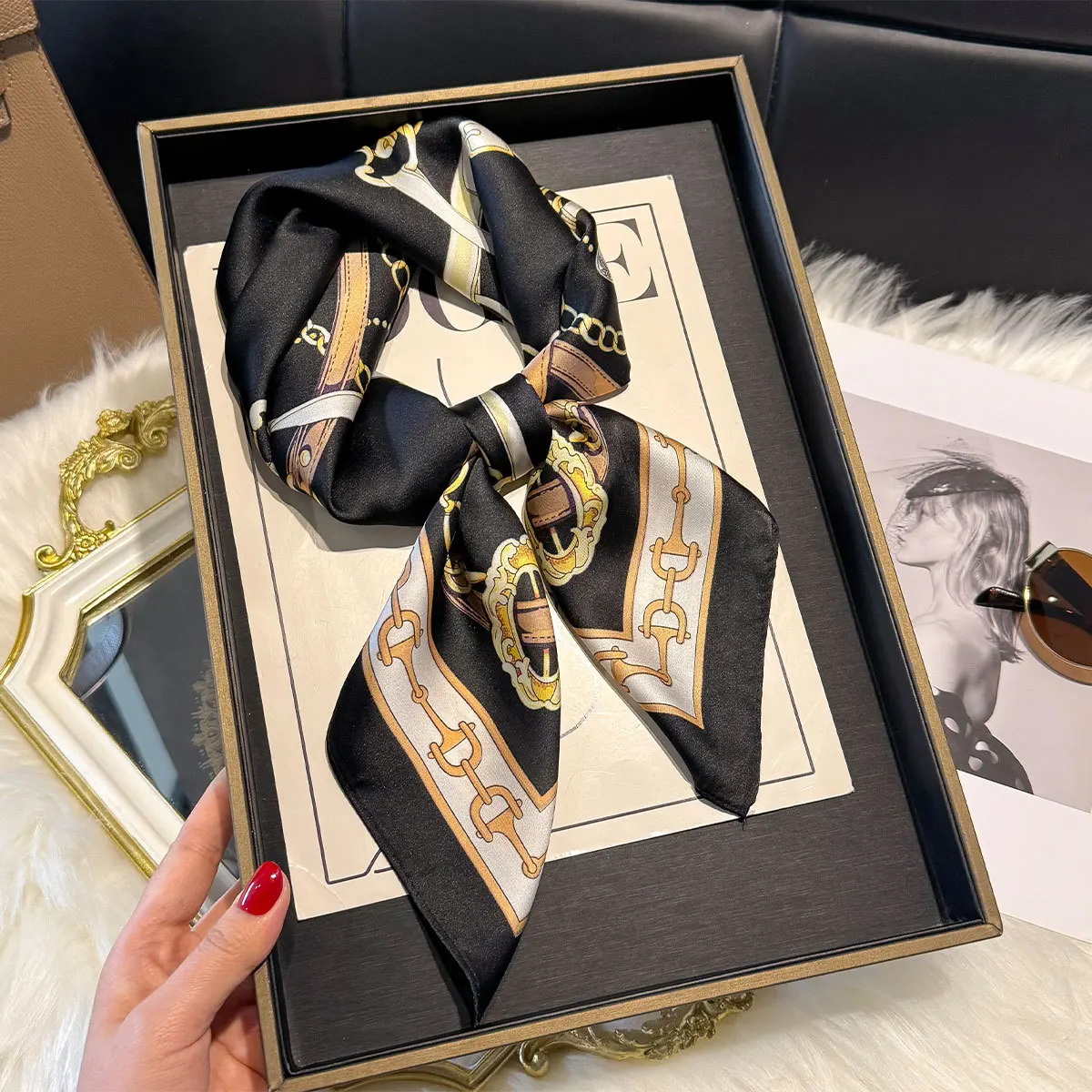 2025 Silk Shawl Print Headscarf Cat Hair Wrap Neckerchief Female Satin Square Scarf For Women Headband Foulard Hijab Bandana