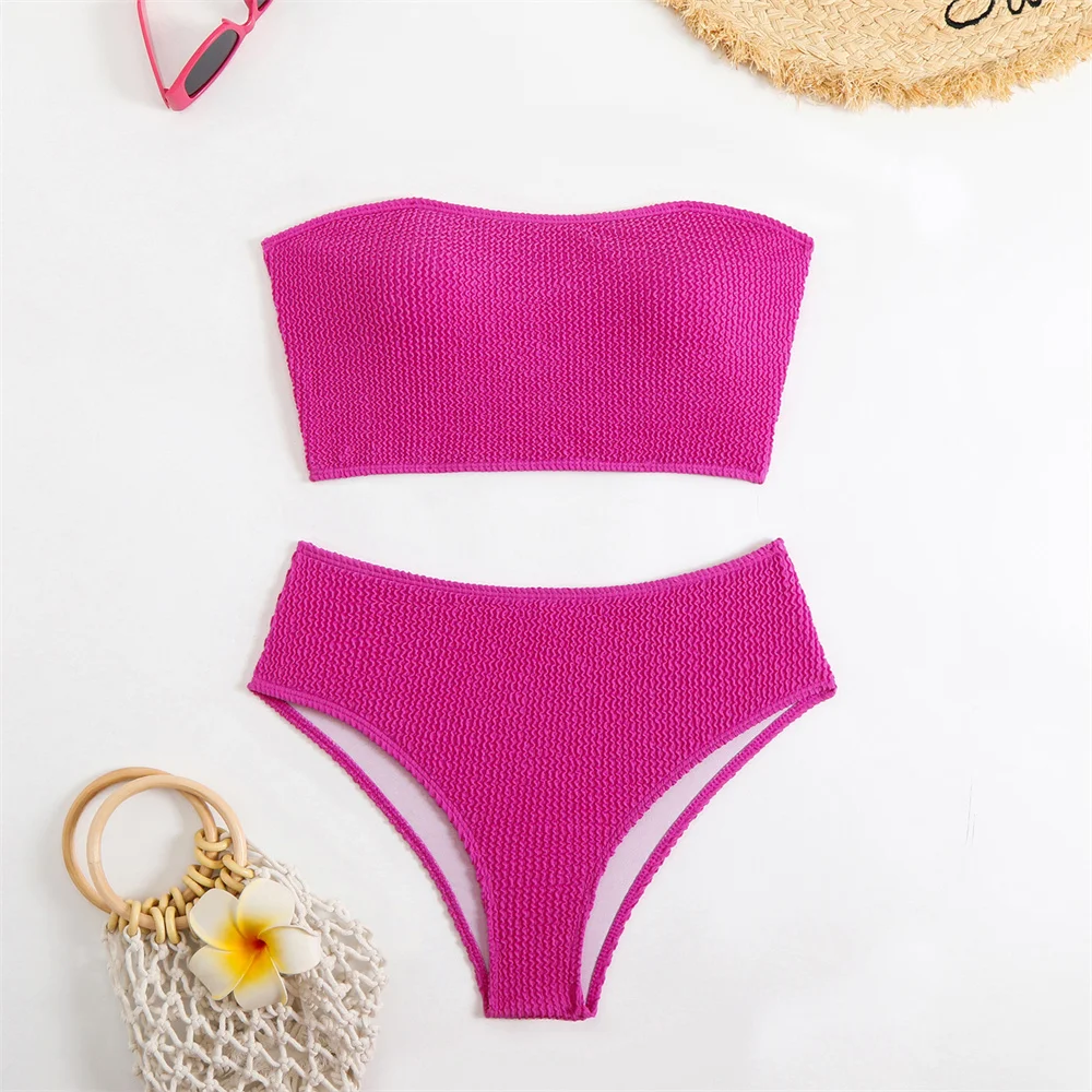 High Waist Bikini Strapless Bandeau Swimsuit Ribbing Vacation Swimwear Solid Bathing Suit Women Beach Outfit Traje De Bano Mujer