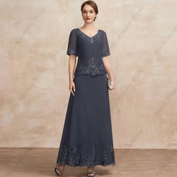 Vestidos Elegantes grises para madre De la novia para mujer, sin tirantes, simples hasta el tobillo, Media manga, Vestido De fiesta De boda