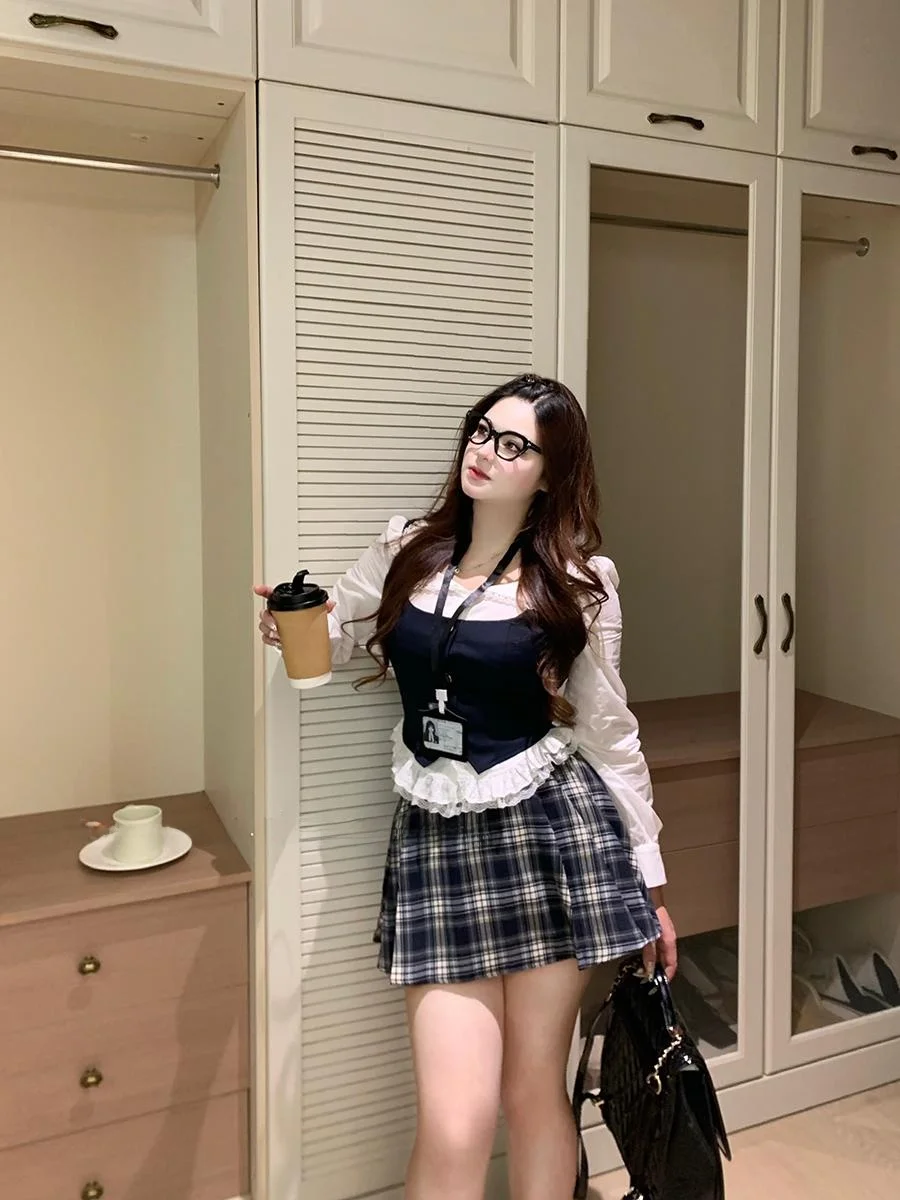 

Sweet Style Plaid Skirt And Top Set High Waist A-Line Midi Skirt Fake Two-Piece School Uniform plus Size Women's Clothing