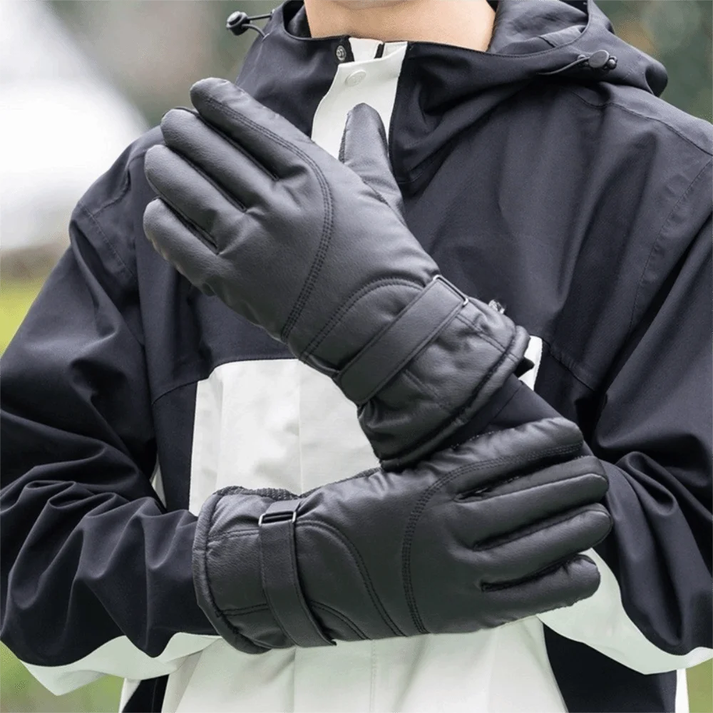 

Подарочные черные зимние лыжные перчатки, сохраняющие тепло, водонепроницаемые мужские кожаные варежки, многофункциональные перчатки для вождения в корейском стиле, мужские