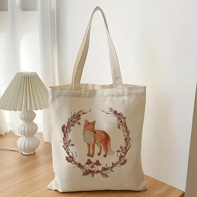 Cartoon Fox Print Shoulder Bag, Lightweight Canvas Storage Bag, Simple Shopper Bag