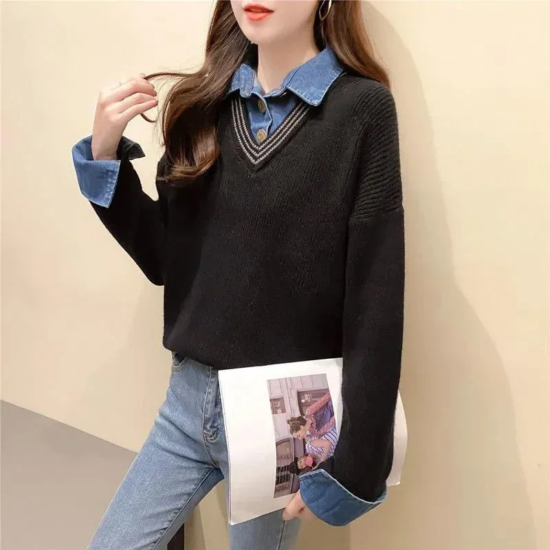 Autumn Winter Fake Two Piece Denim Spliced Casual Sweater Female Long Sleeve All-match Knitting Pullover Korean Style Jumper Top