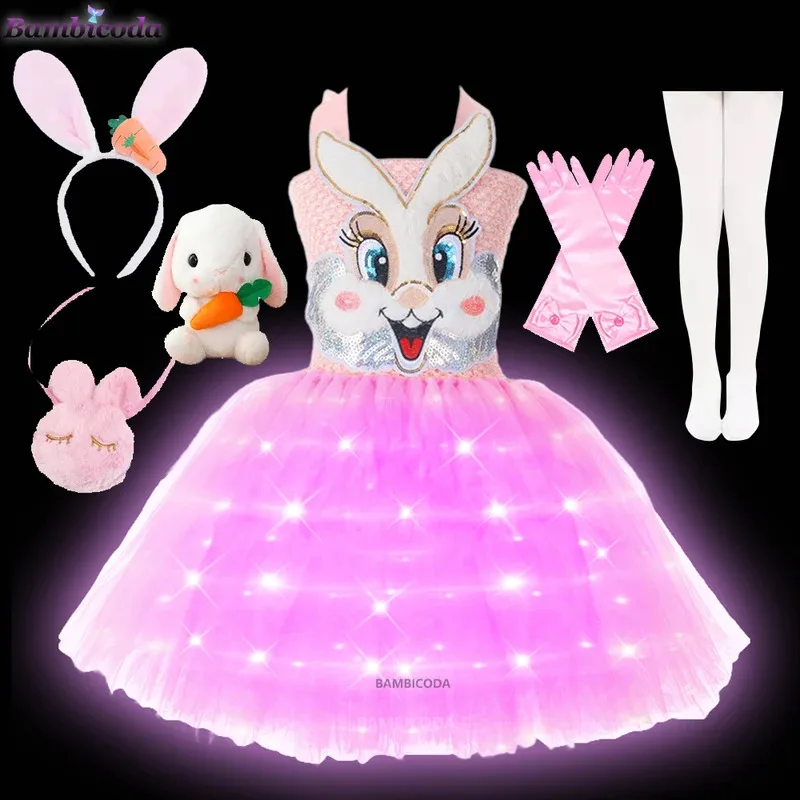 

2024 Pink Pink Easter Bunny Rabbit Costumes Girls Rabbit Tutu Dress with Ears Set Kids Halloween Animal Outfit Birthday Clothes