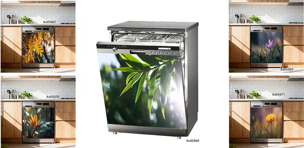 Green Leaf Wild Flower Dishwasher Skin Sticker Sunlight Natural Tropical Plant Floral Full Door Wrap Waterproof Oilproof Decals