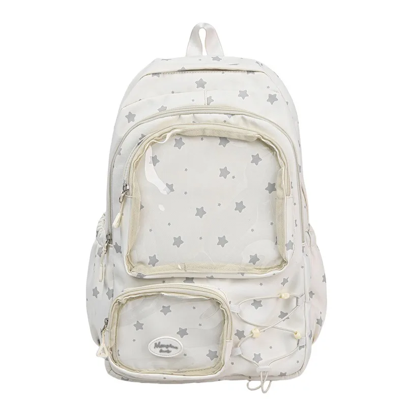 Japanese Nylon Backpack Teenage Girls School Bag Large Capacity Transparent Pocket Pain Bag Girly Kawaii Rucksack Casual Daypack