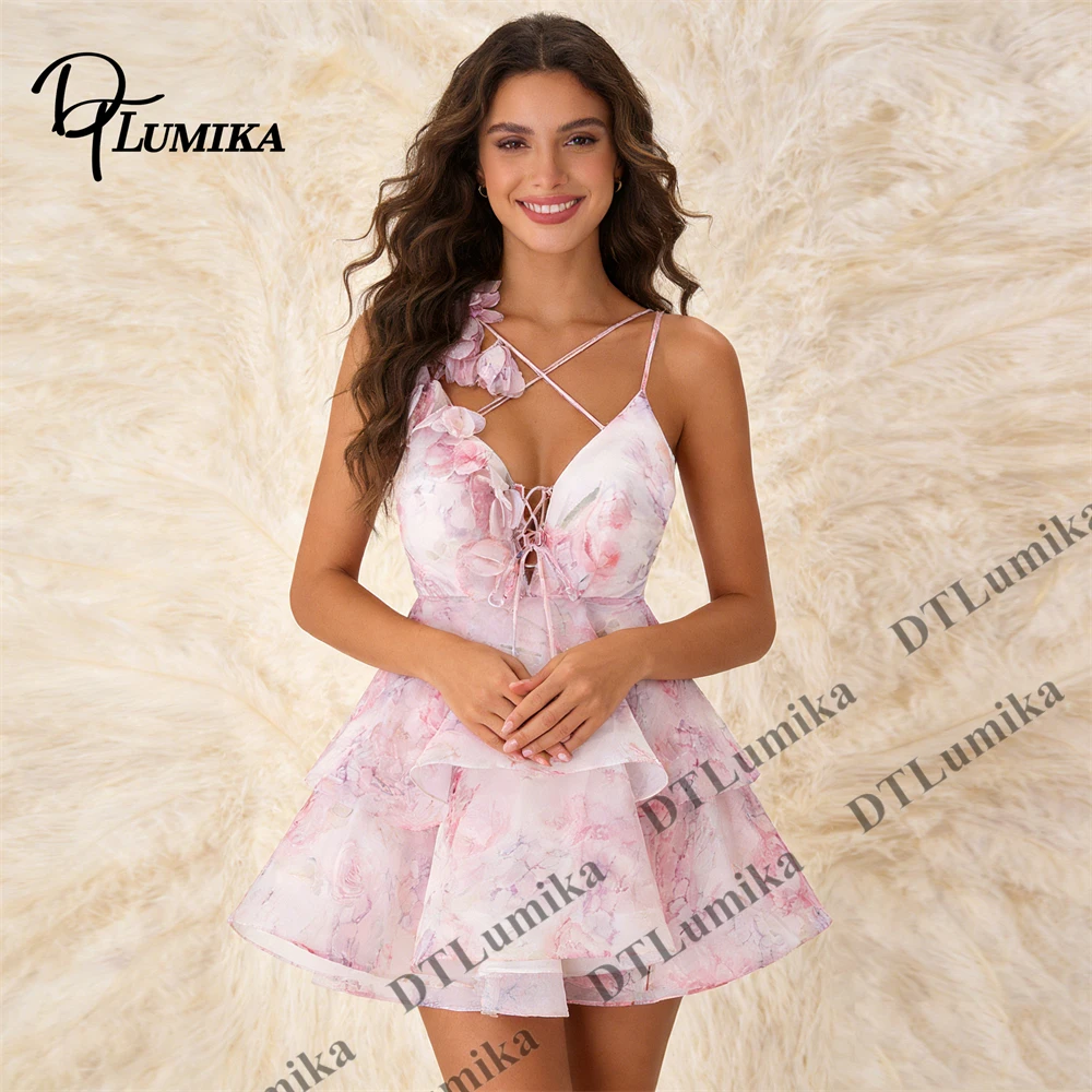 

Pink Marble Print Ruffle Mini Dress Spaghetti Strap Criss Cross Lace Up Front for Birthday Bash Nightclub Party Flirty Dress