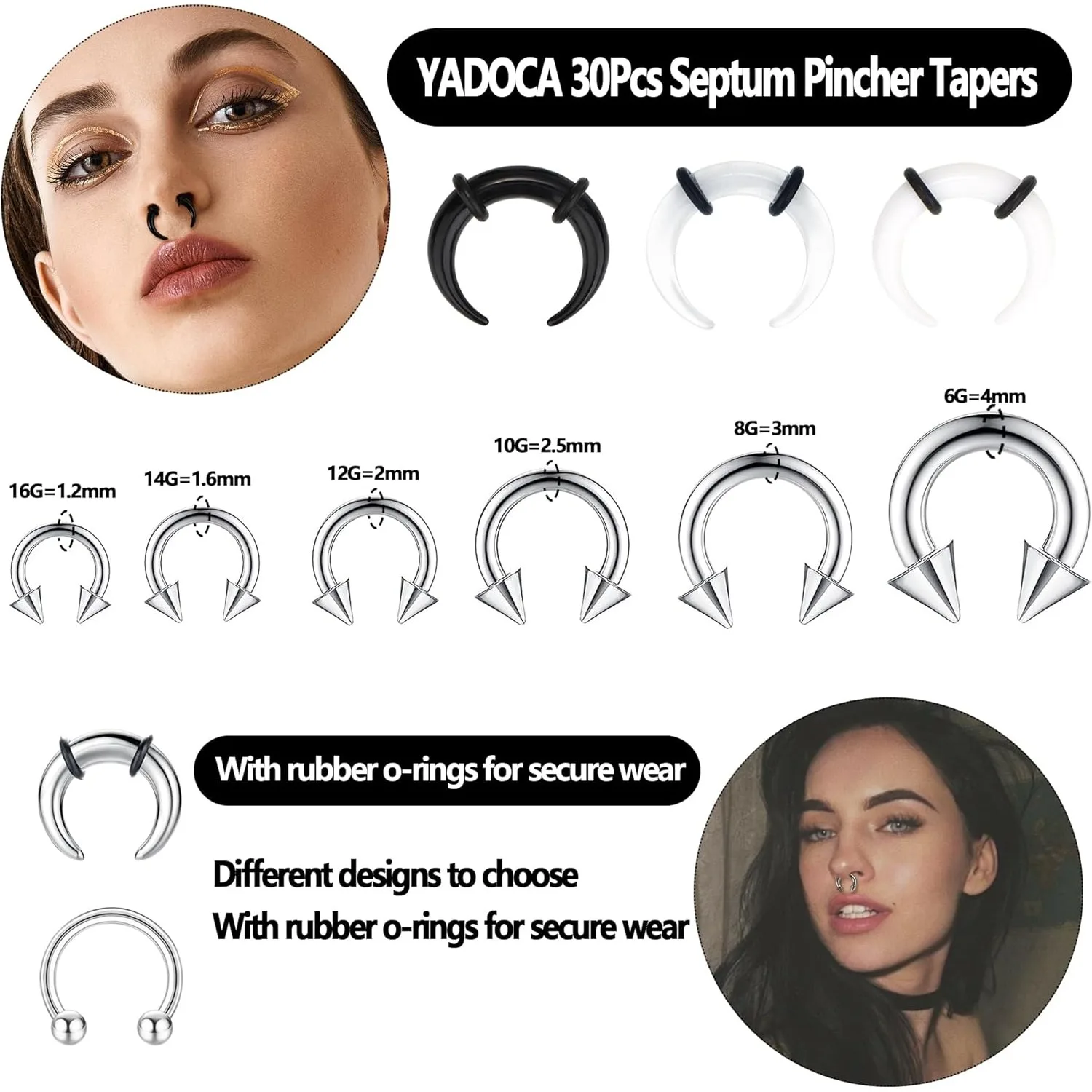 30Pcs Septum Pincher Tapers Septum Rings for Women Men Acrylic Stainless Steel C Shape Septum Nose Cartilage Piercing Jewelry