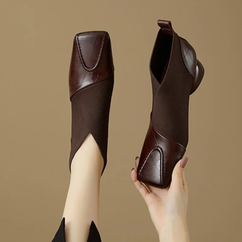 

2025 Autumn Winter Women Vintage Squared Toes Med Heels Ankle Boots Street Style Ladies Chunky Heels Ladies Short Boots
