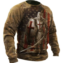 Vintage T-Shirts Men's Cotton Long Sleeved T Shirt Crusader Knight Graphic Tops 5xl 3d Print Tee Casual O Neck Oversized Clothes